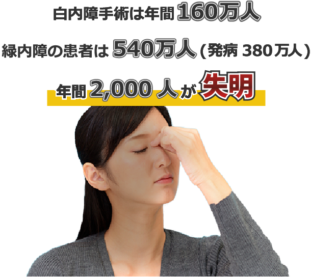 白内障手術は年間160万人。緑内障の患者は 540万人(発病 380万人)。年間 2,000 人が 失明